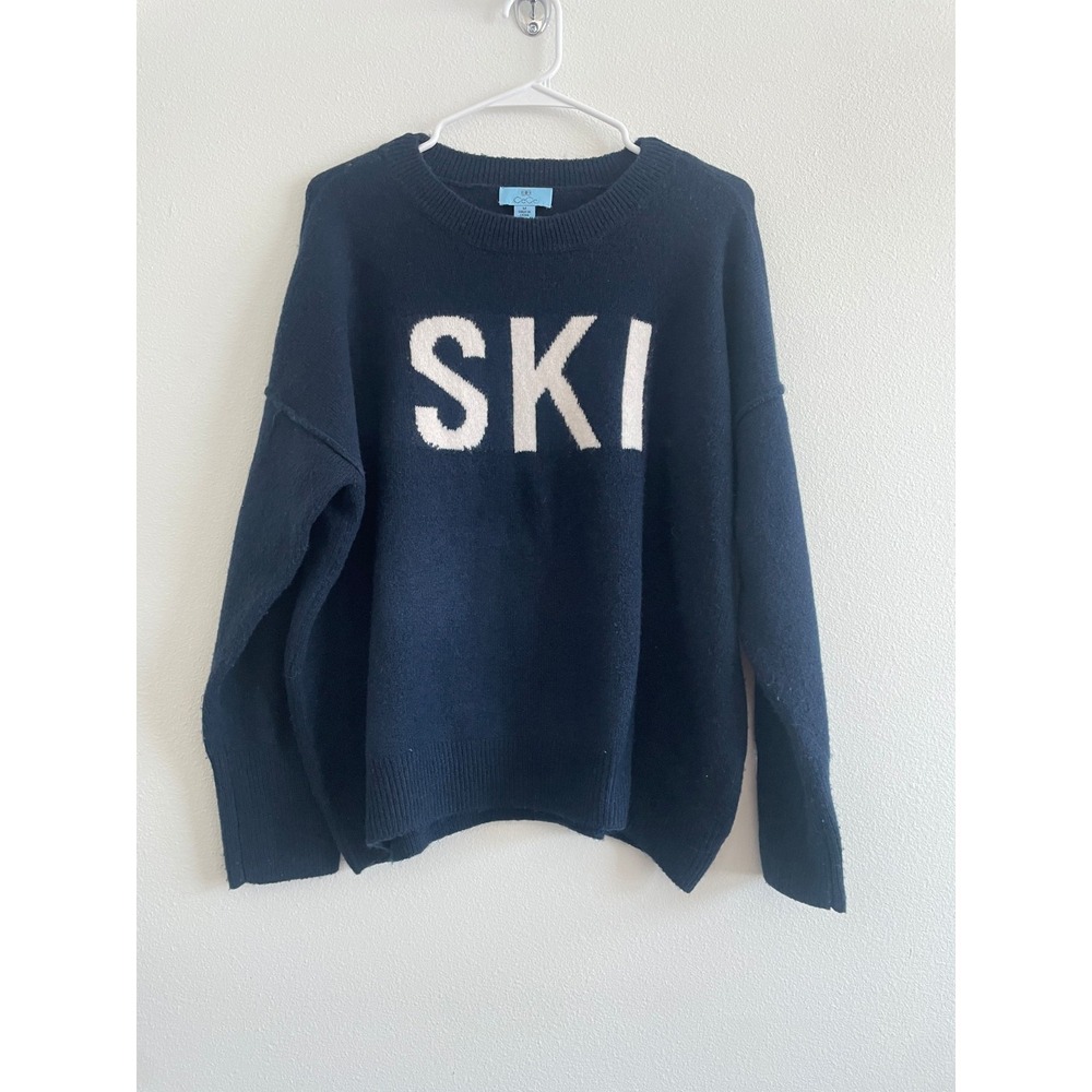 Cece Sweater Women M Navy Blue Ski Spellout Novelty Classic Crew‎ Neck Outdoor